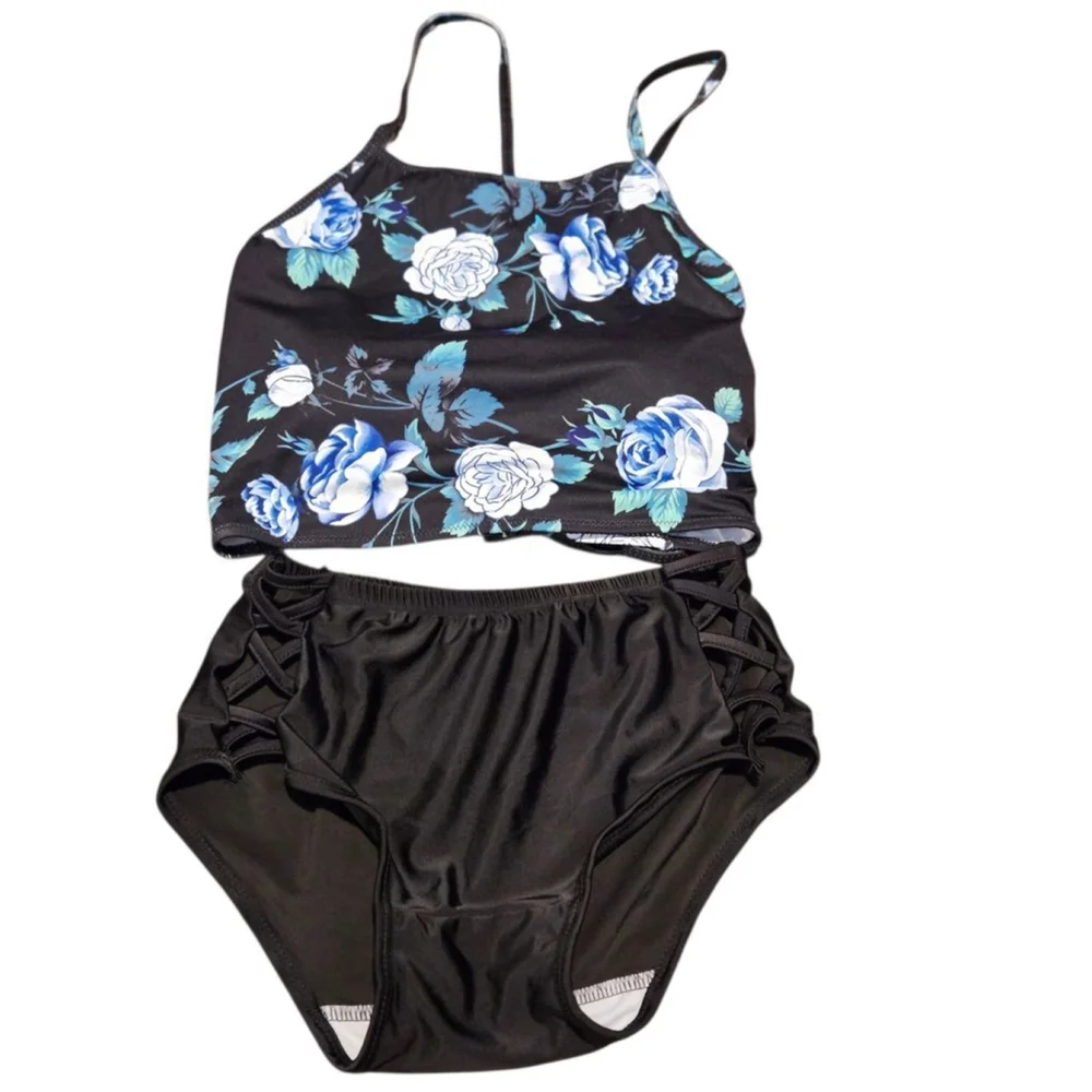 Unbranded Black & Blue Floral Swimwear Bikini Set Size L - Picture 4 of 8